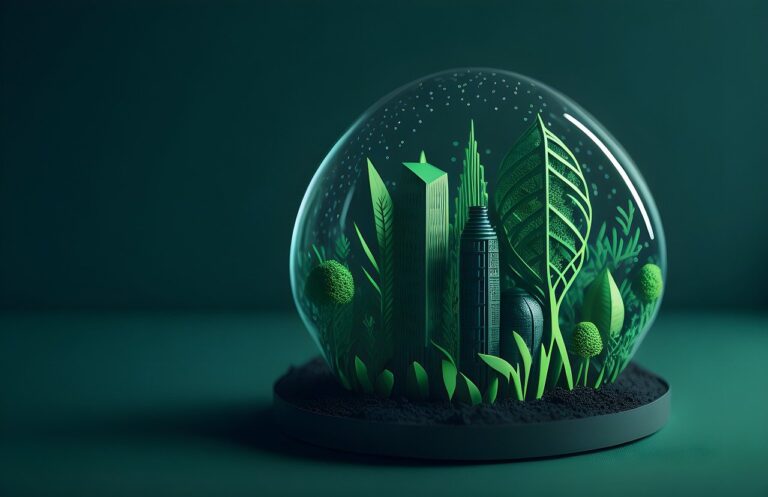 ESG Software - A green business district inside a protected glass bauble with greenery and leaves inside it.