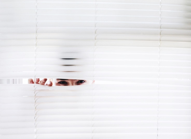 A picture of someone spying from a window.