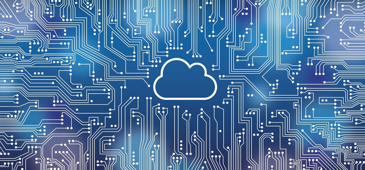 Cloud computing. A cloud icon on top of a digital network.