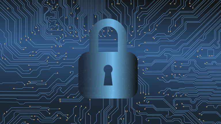 Cybersecurity as a Compliance Strategy - A security lock on top of a computer's digital network.