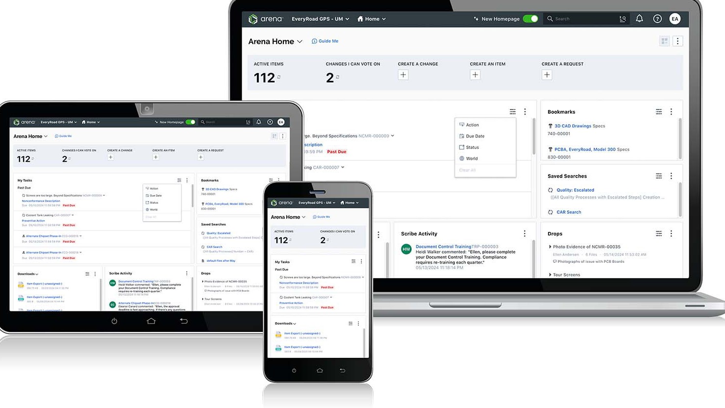 Arena QMS and PLM multiple dashboard screens for compliance management.
