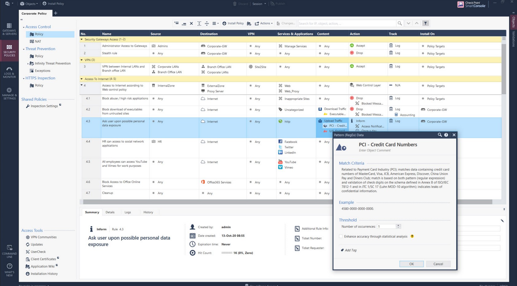 CheckPoint Data Loss Prevention Dashboard.