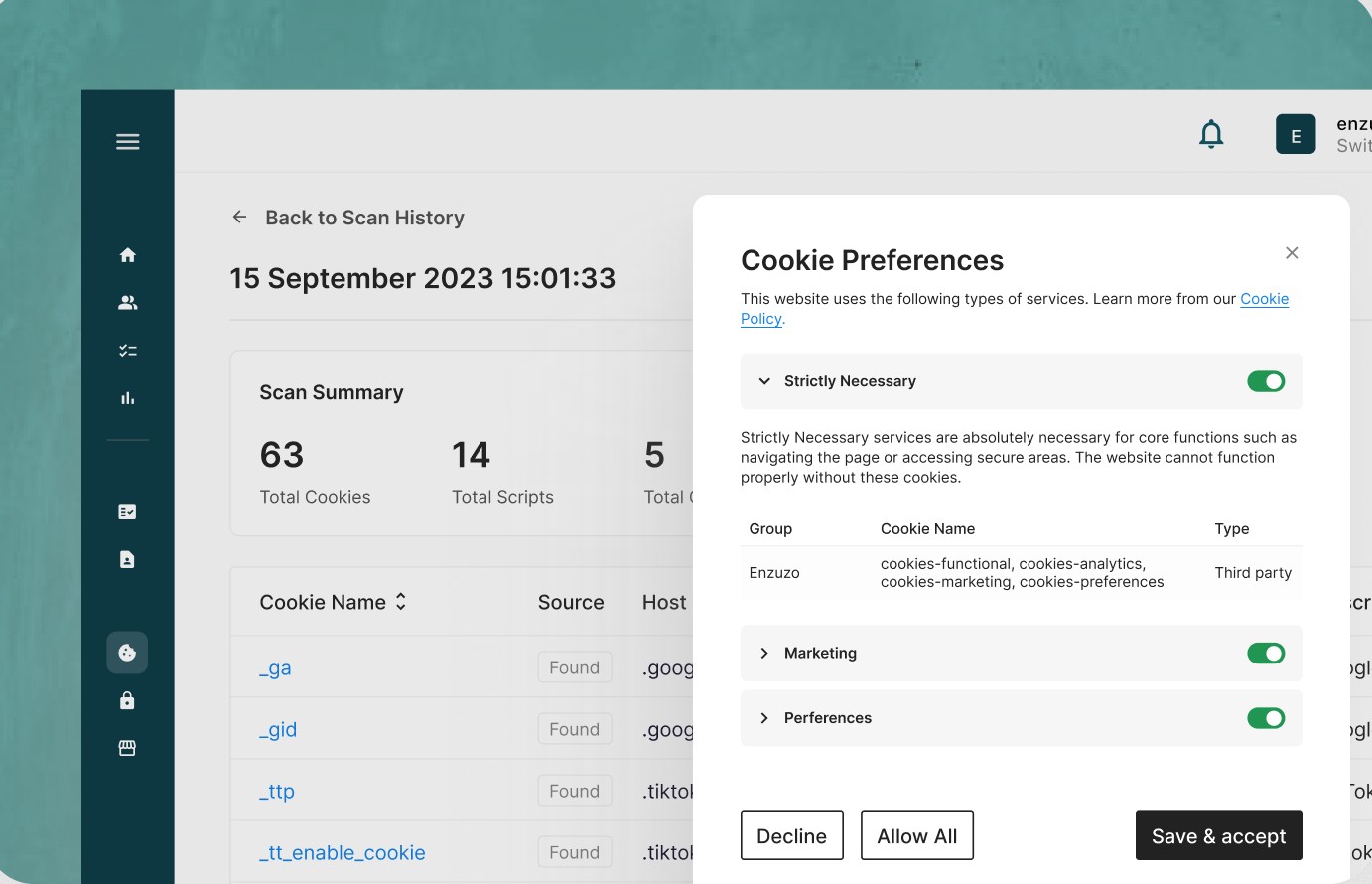 Enzuzo GDPR Compliance - cookie management dashboard.