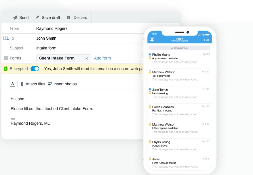 Hushmail product page showing a client intake form and reminder emails on a mobile.
