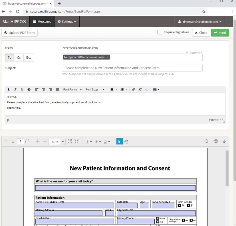 MailHippo Email showing new patient and information consent form.