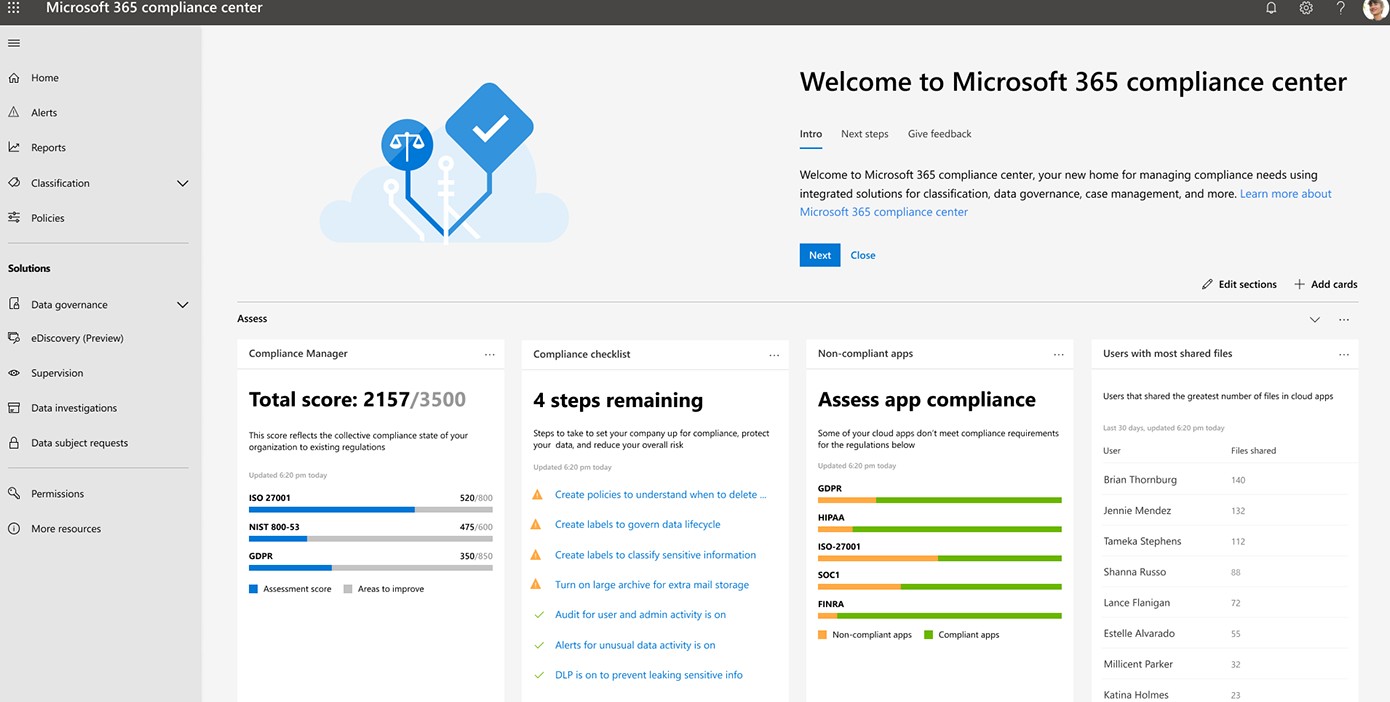 Microsoft365 Compliance Centre Management Dashboard.