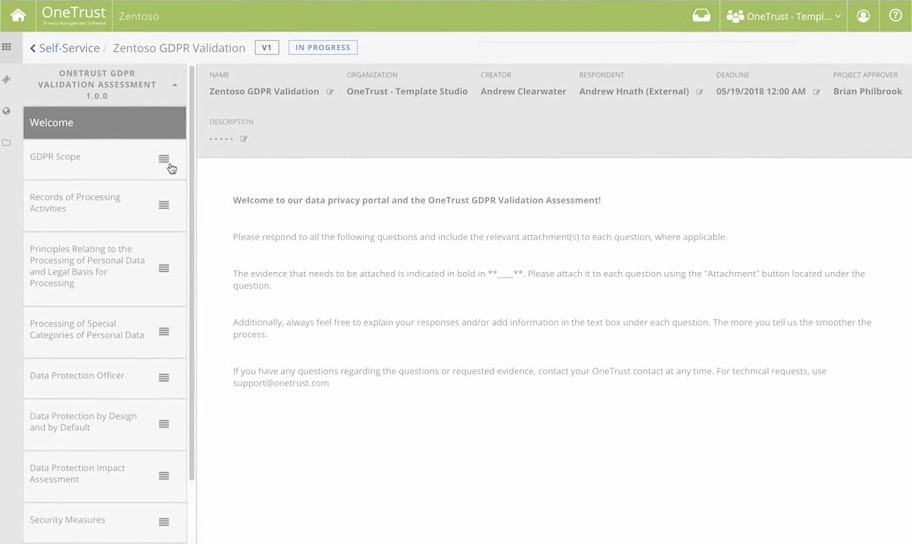 OneTrust GDPR Validation Assessment Screen.