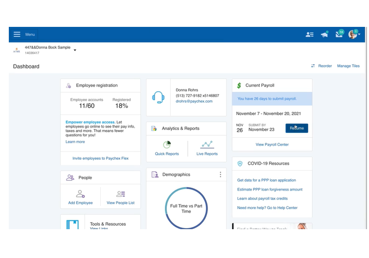 Paychex Flex Dashboard showing current payroll.