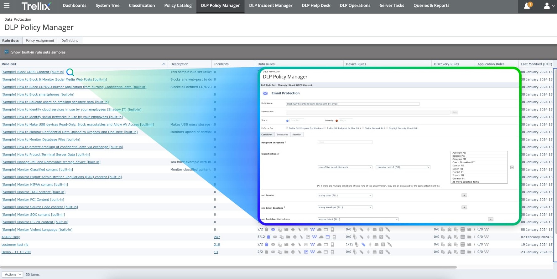 Trellix DLP Policy Manager Dashboard.