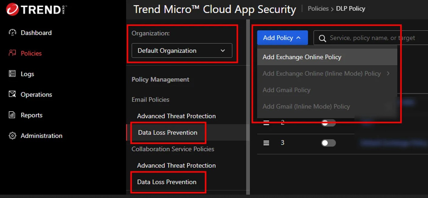 Trend Micro DLP policy screen.