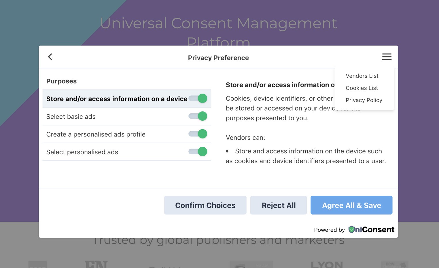 Unisoft Universal Consent Management Platform Privacy Preference page.