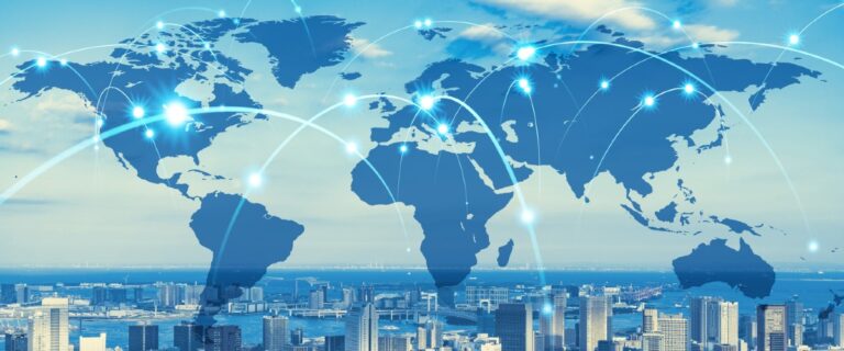 Data privacy compliance depcited by a global map with international networks and connections.