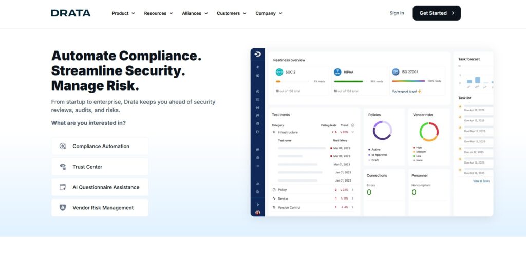Drata Home Page for the compliance platform.