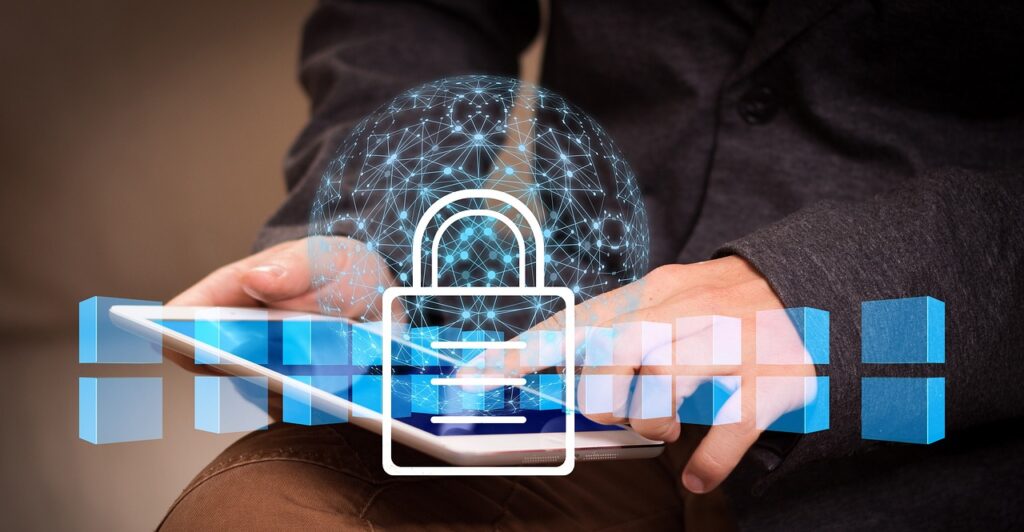 Artifical Intelligence for Data Security - businessman using the internet in a secure IT environment.