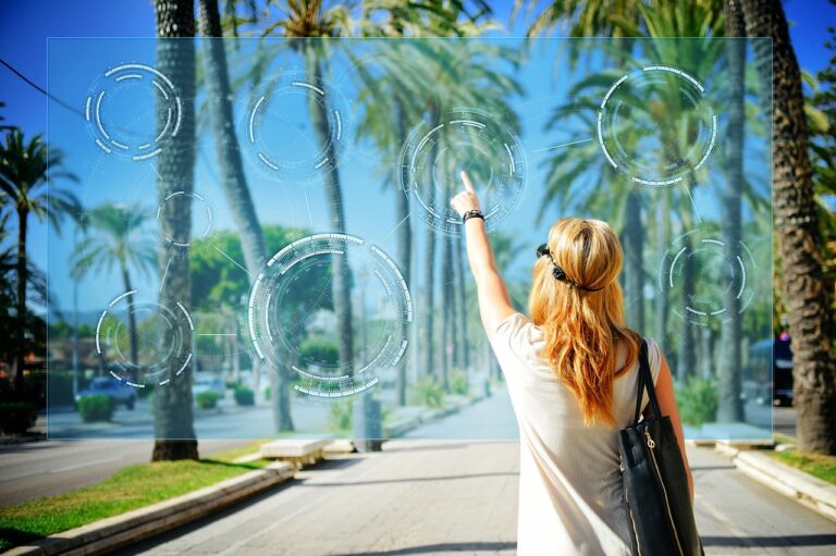 A woman wearing a virtual headset walking around the Metaverse.