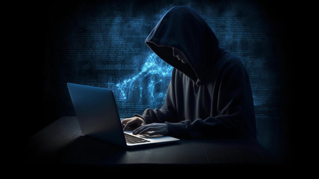 A hooded hacker working on a computer as he conducts a supply chain cyberattack.