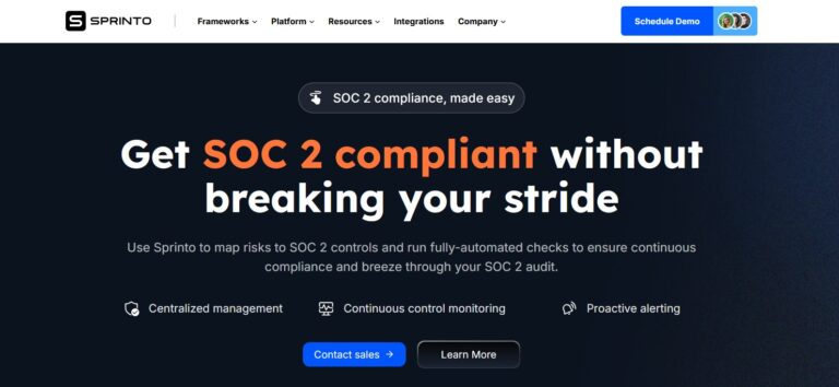 Sprinto SOC 2 Compliance home page.