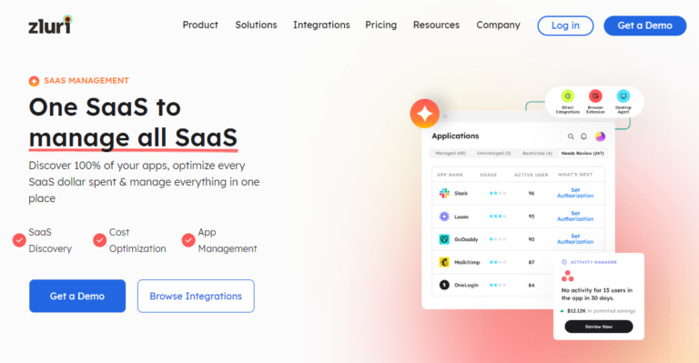Home page for Zluri showing it's SaaS compliance tool.