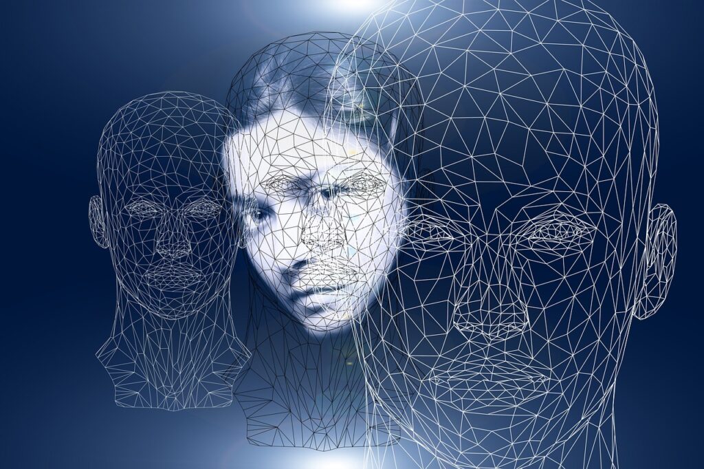 A woman's fake in the middle with two digital alternative fake faces.