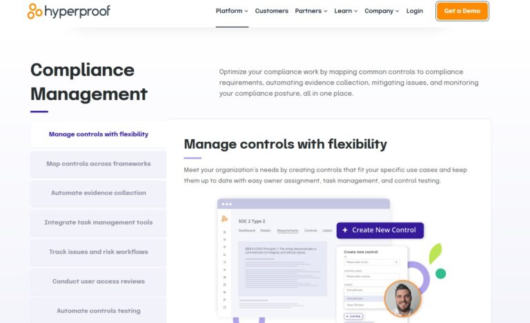 Hyperproof website page showing compliance workflows.