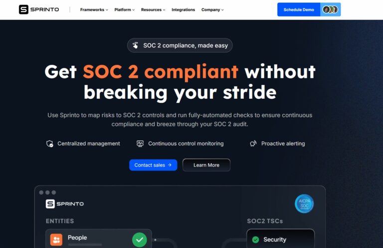 Website page for the Sprinto SOC 2 Certification tool.