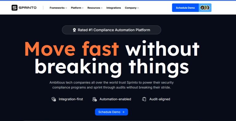 Sprinto home page and product to automate compliance.