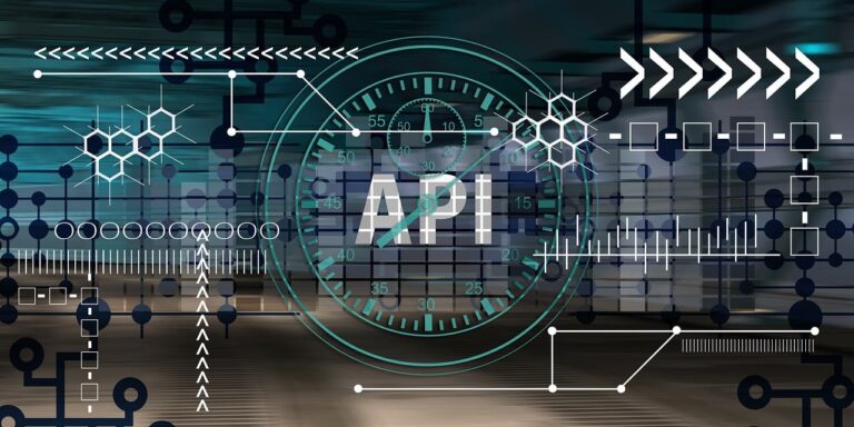A graphic showing a network and API in the middle for open banking practices.