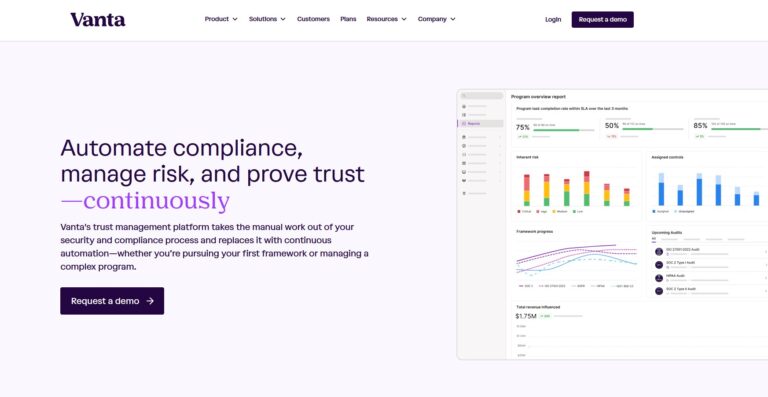 Vanta home page, a platform for startup data security.