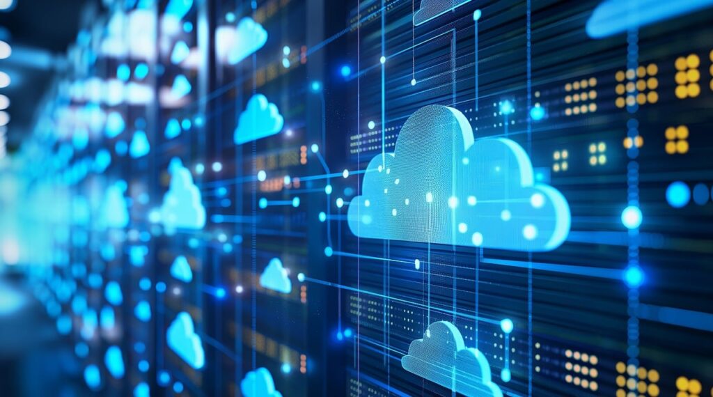 IT background with clouds, representing cloud services.