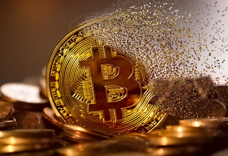 A Bitcoin stood upright, slowly disintegrating depicting cryptocurrency compliance collapse.