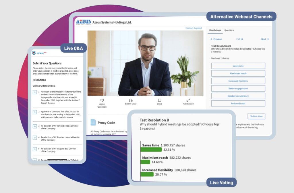 Azeus Convene Board Management Software showing Live Q&A and Webcast channels.