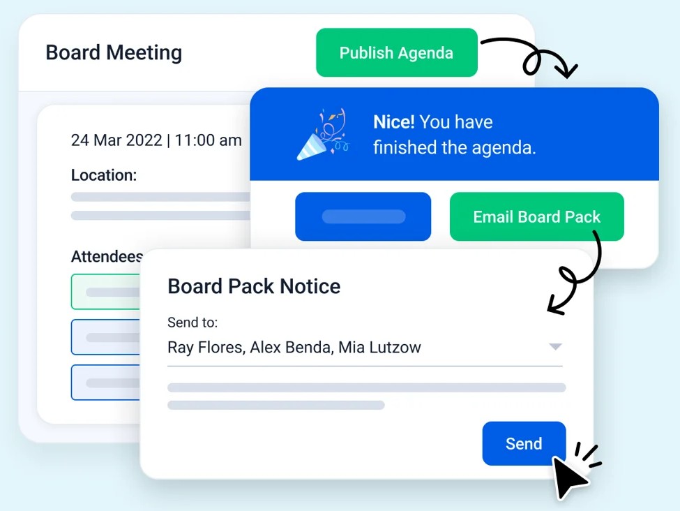 BoardPro board management software showing the agenda process and board pack notice for board meetings.
