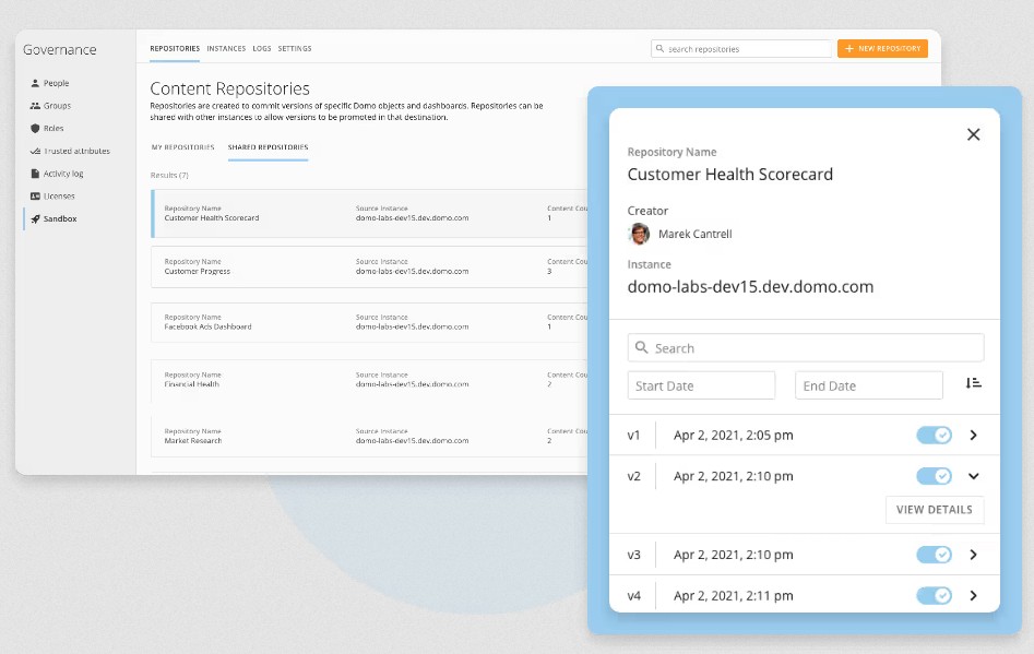 Content repositories dashboard and customer health scorecard from Domo governance product.