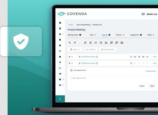 Govenda board management software dashboard of a finance meeting.