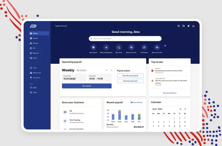 ADP dashboard showing an upcoming payroll and a list of to do tasks.