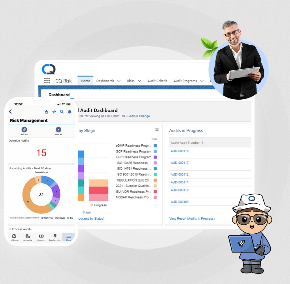 Compliance Quest audit dashboard for PC and risk management dashboard screen for mobile.