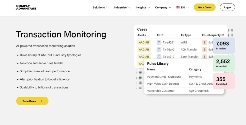Comply Advantage AML Compliance Transaction Monitoring Product.