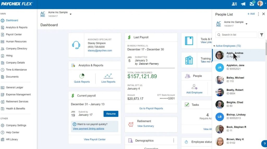 Dashboard for Paychex Flex payroll software showing full dashboard screen for payroll reporting.