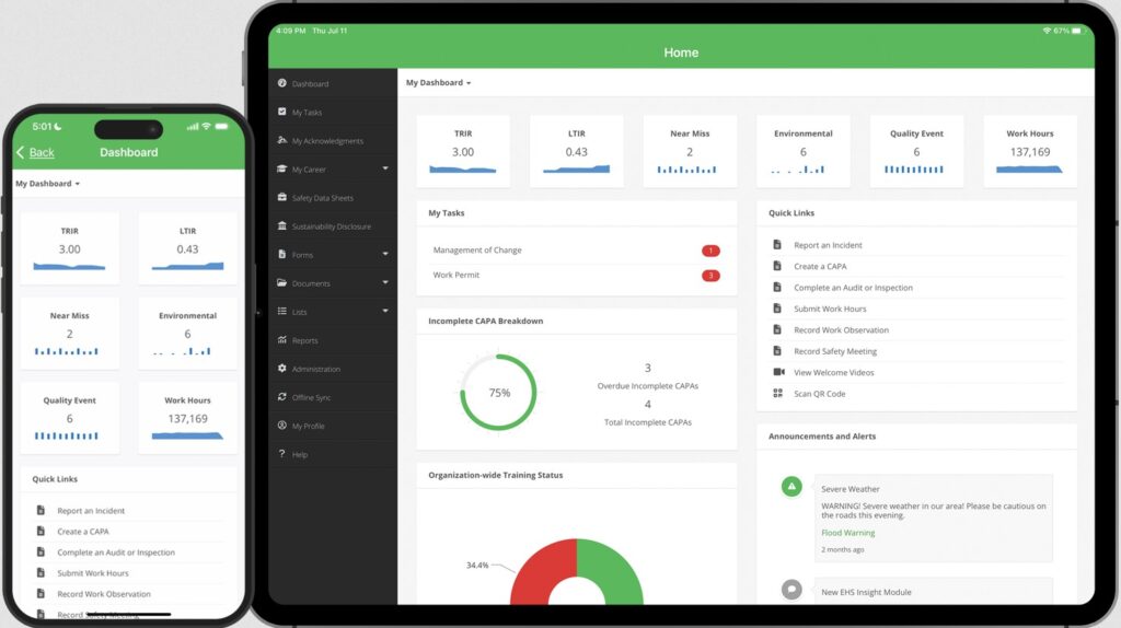 EHS Insight mobile app screenshots of dashboards for OSHA.