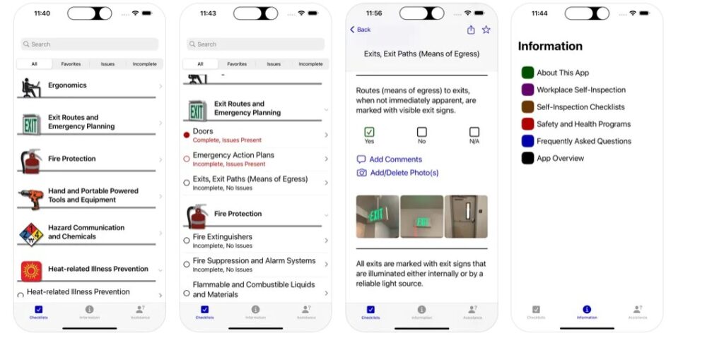 Mobile screenshots of the OSHA-NIOSH Small Business Checklist App.