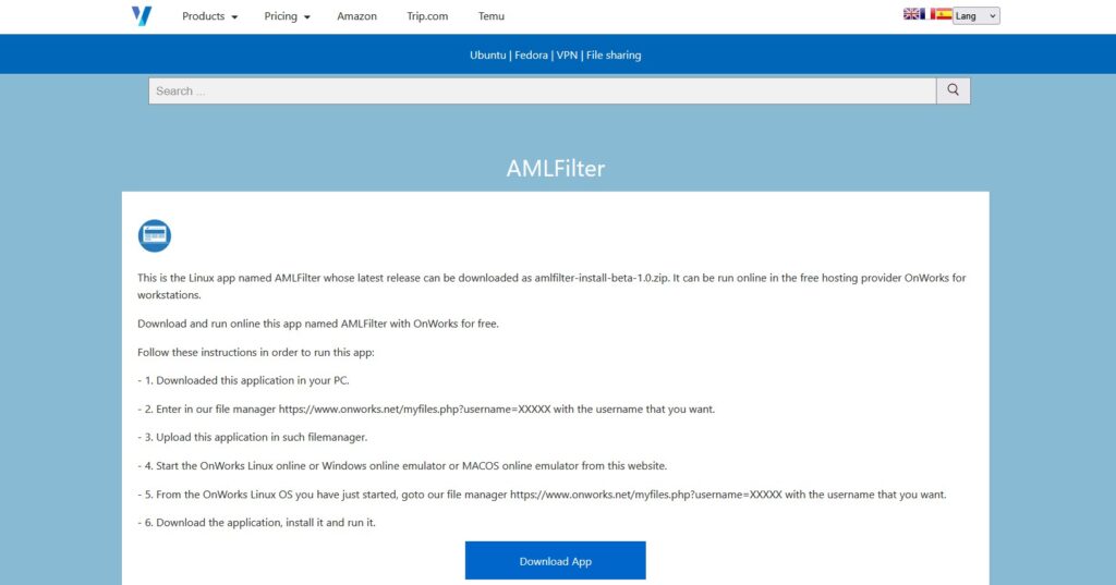 Onworks AML Filter download page.