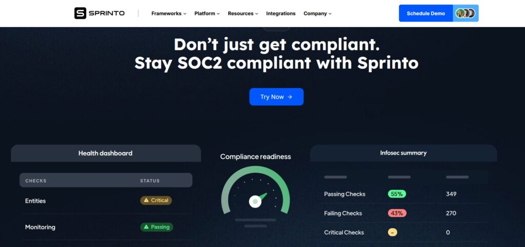 Sprinto SOC2 compliance product page.