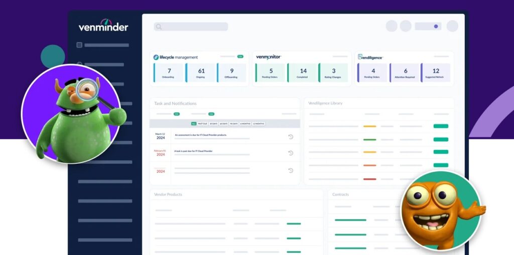 Venminder risk management platform showing dashboard for tasks, notifications and library.