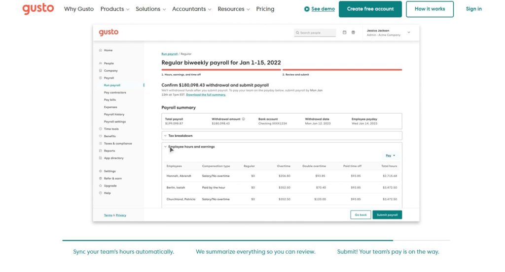 gusto dashboard showing a regular biweekly payroll with summary, tax breakdown, and employees hours and earnings.