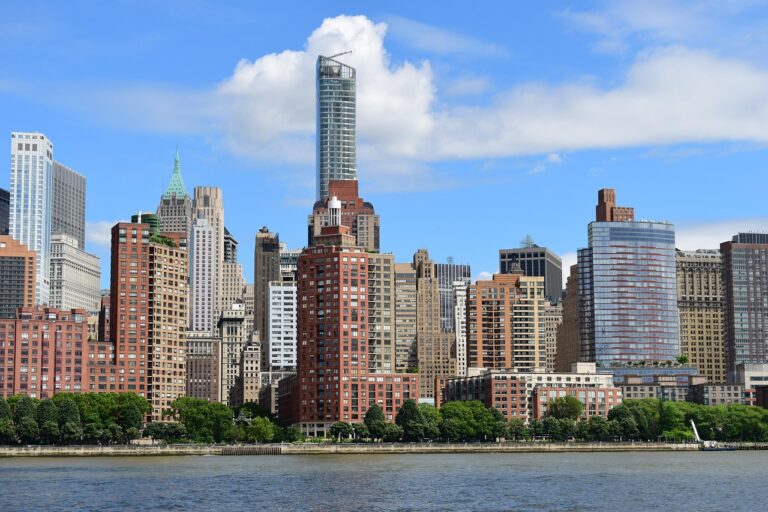 Account freezing, business district in America alongside a river.