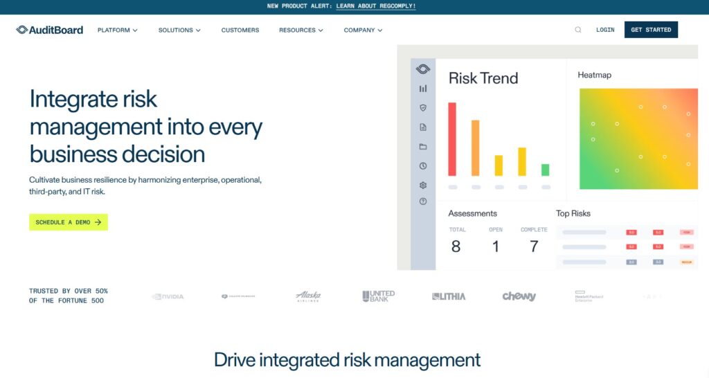Auditboard home page showing their audit, risk, and compliance platform.