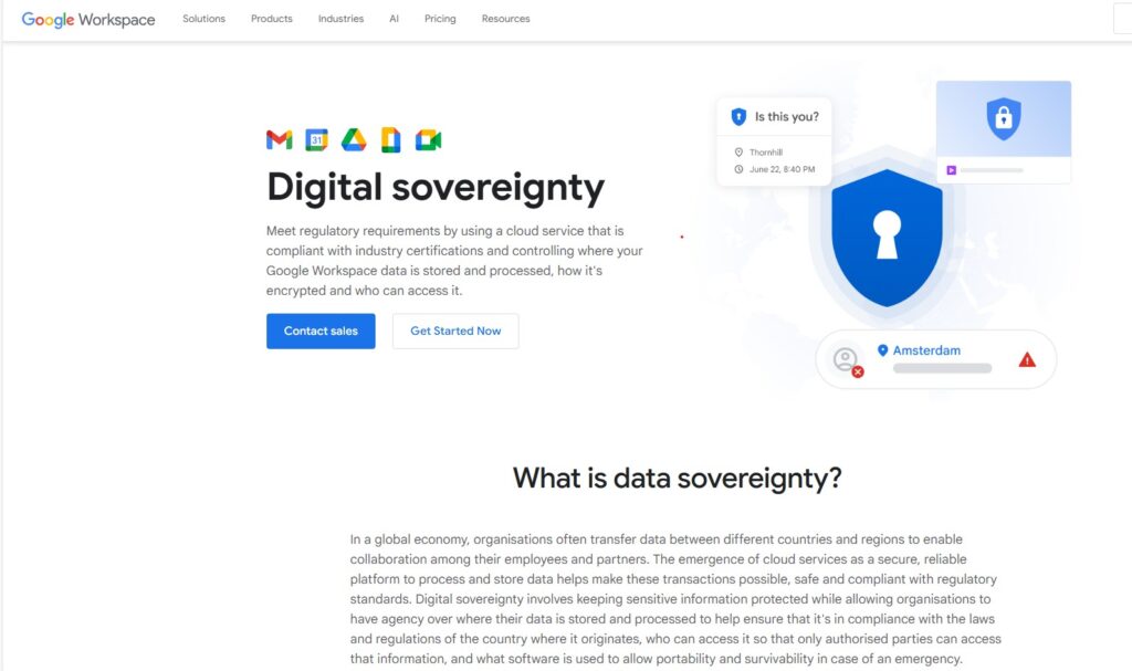 Digital Sovereignty explanation from Google Workspace, showing their stance on regulatory requirements such as GDPR.