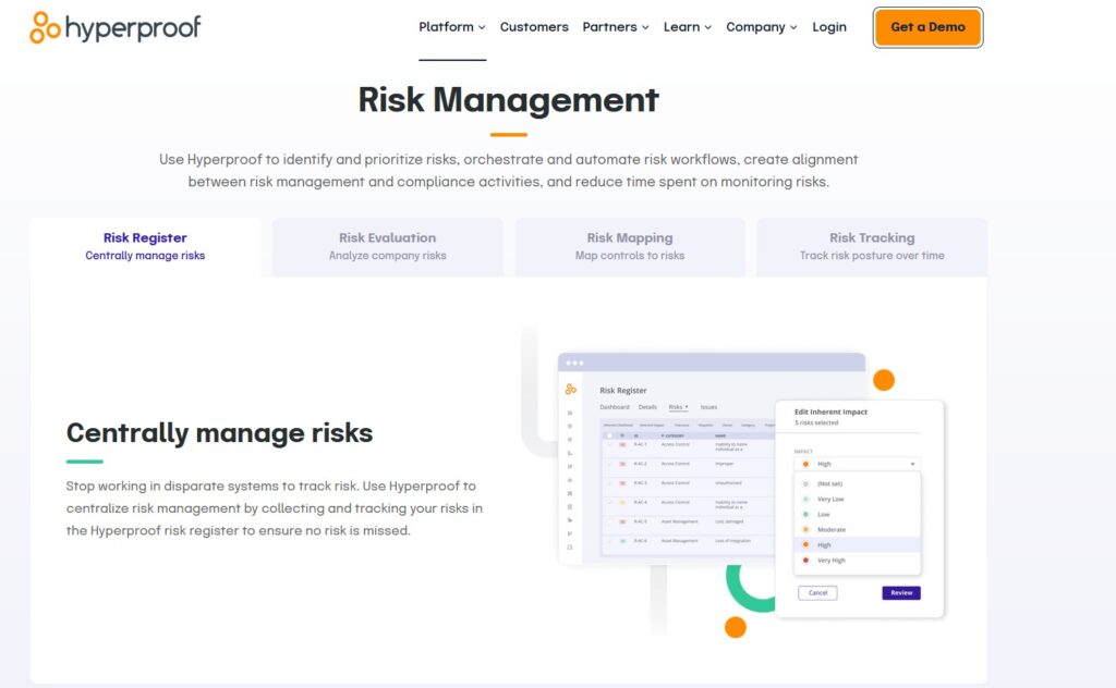 Hyperproof main risk management product page.