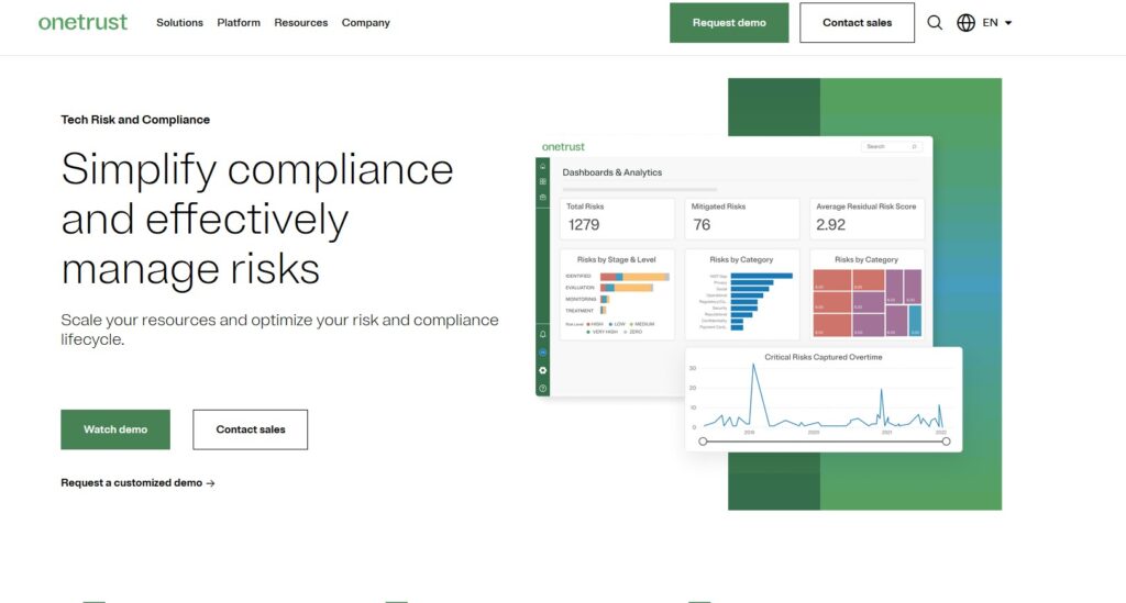 OneTrust homepage showing a graphic of the dashboard and analytics for the risk management platform.