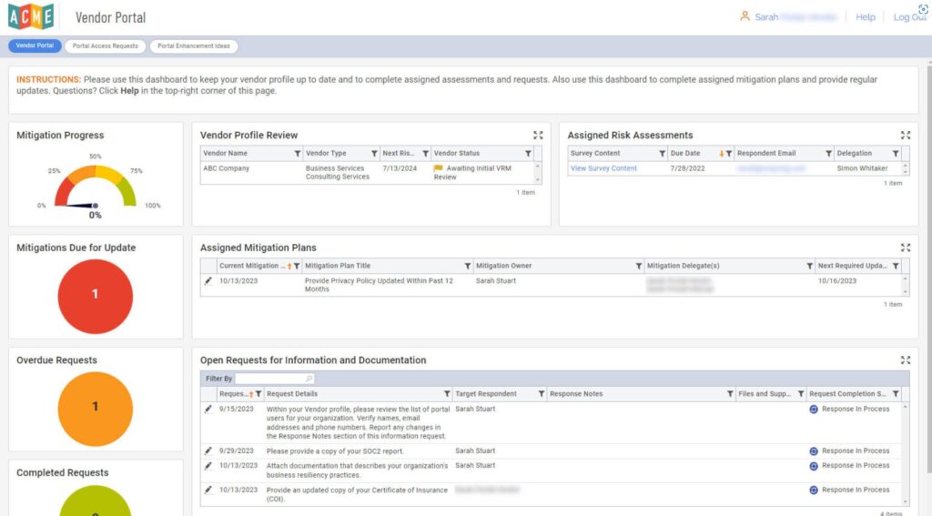 Onspring GRC platform example showing the vendor portal.
